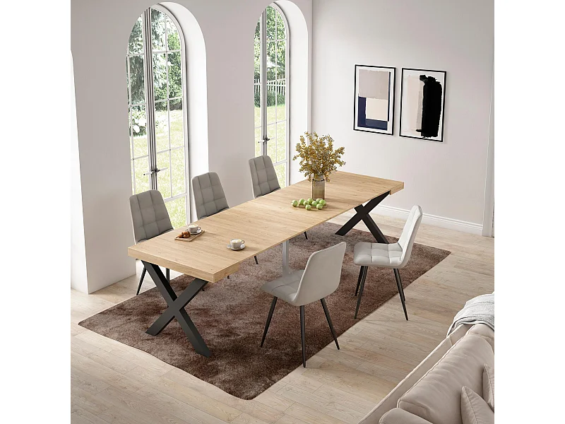 Table console extensible, 302x90x73cm, Pour 14 personnes, Pieds bois massif, Chêne