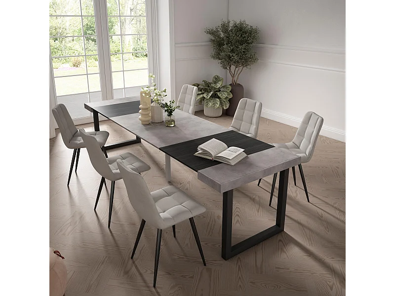 Ausziehbarertisch, 302x90x73cm, Für 14 Gäste, Massivholz Beine, Zement