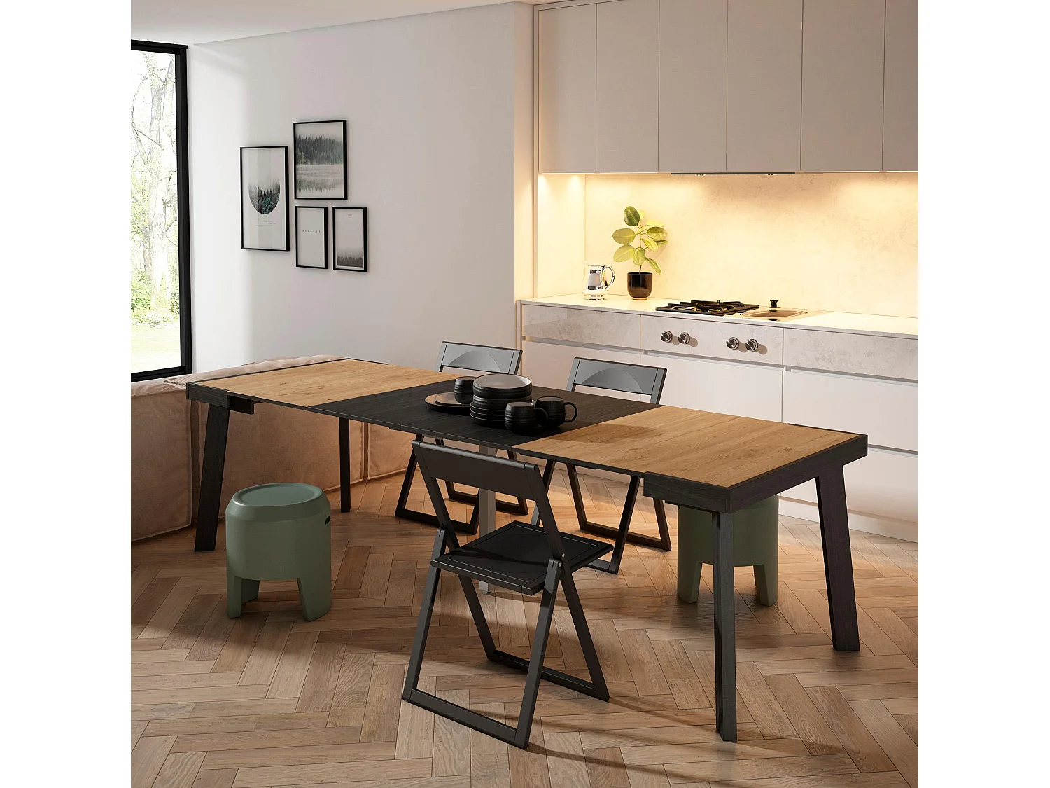 Mesa Consola extensible, 262x90x73cm, Para 12 comensales, Patas de madera, Roble y negro