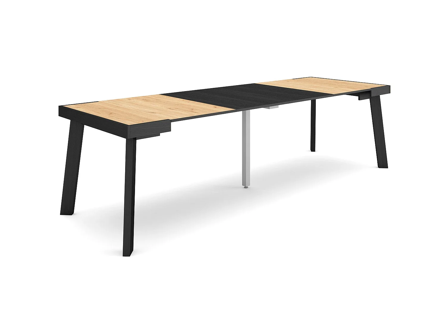Table console extensible, 262x90x73cm, Pour 12 personnes, Pieds en bois, Chêne et noir