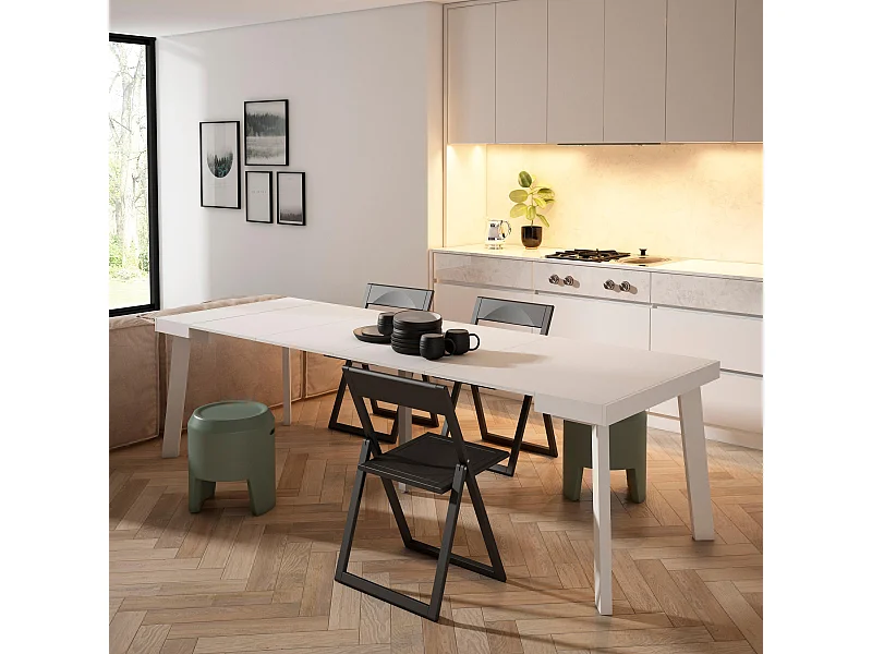 Mesa Consola Extensível, 262x90x73cm, Para 12 pessoas, Pés de madeira, Branco