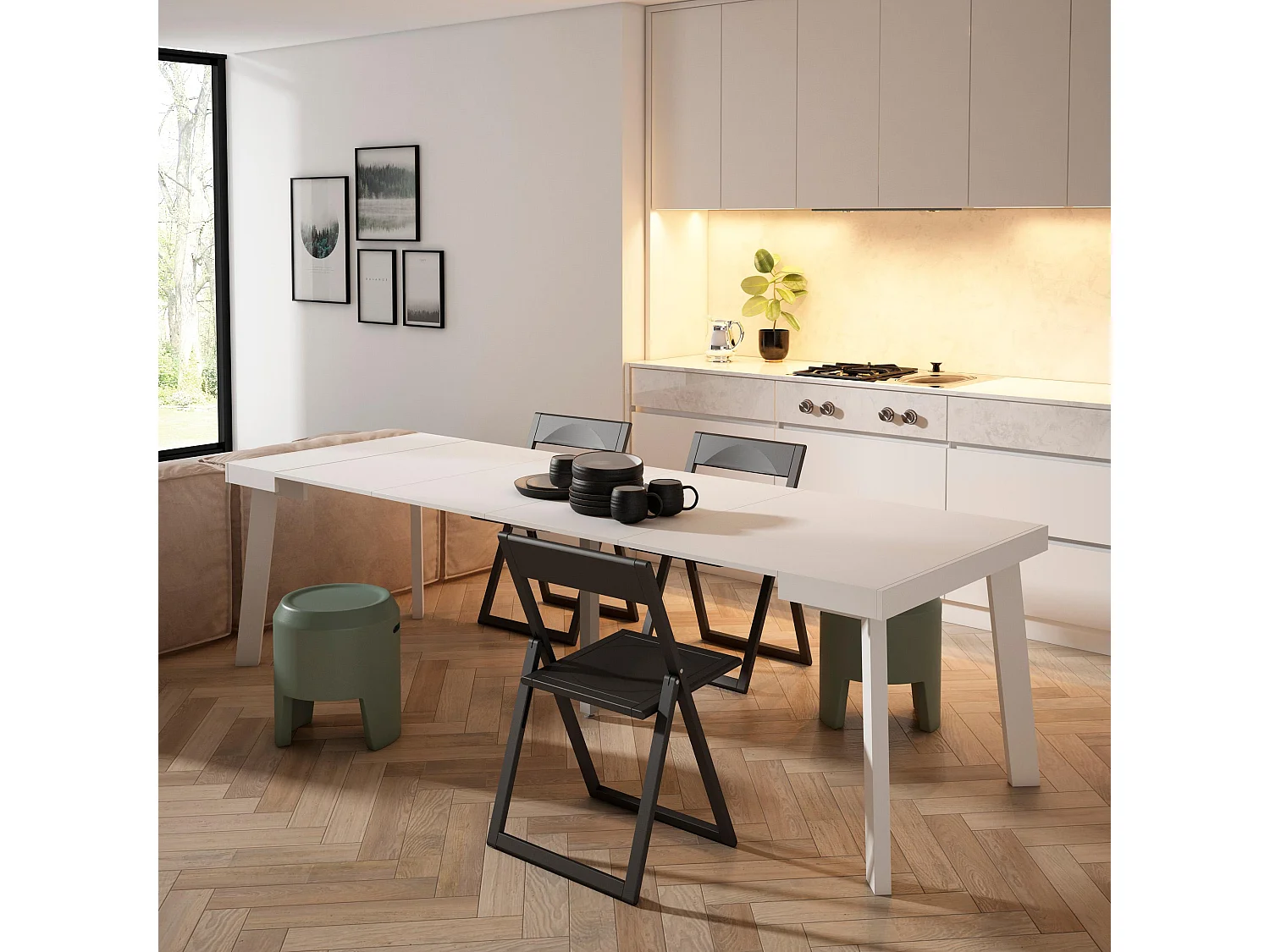 Table console extensible, 262x90x73cm, Pour 12 personnes, Pieds en bois, Blanc