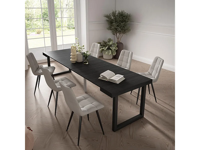 Ausziehbarertisch, 302x90x73cm, Für 14 Gäste, Massivholz Beine, Schwarz