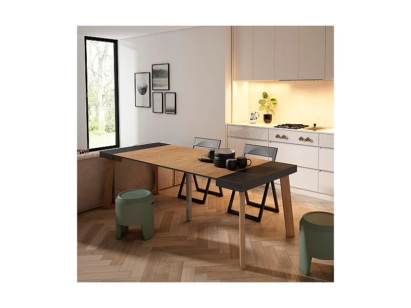 Table console extensible, 222x90x73cm, Pour 10 personnes, Pieds en bois, Noir et chêne