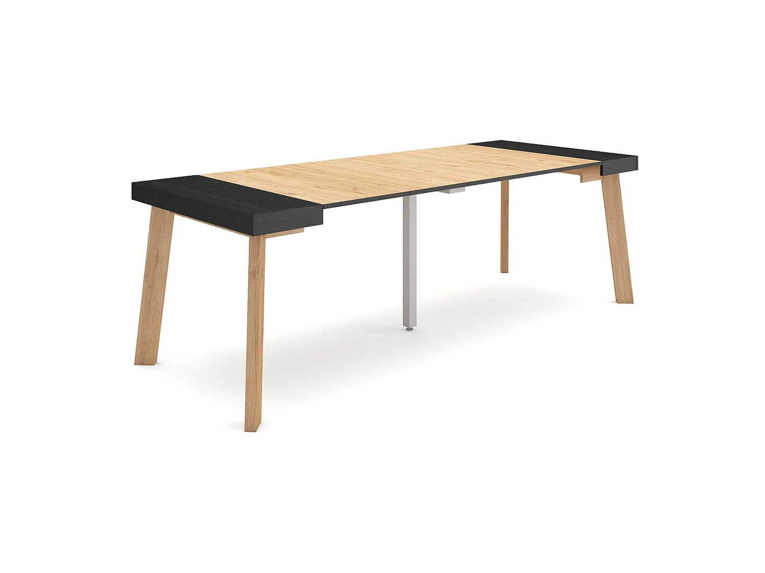Table console extensible, 222x90x73cm, Pour 10 personnes, Pieds en bois, Noir et chêne