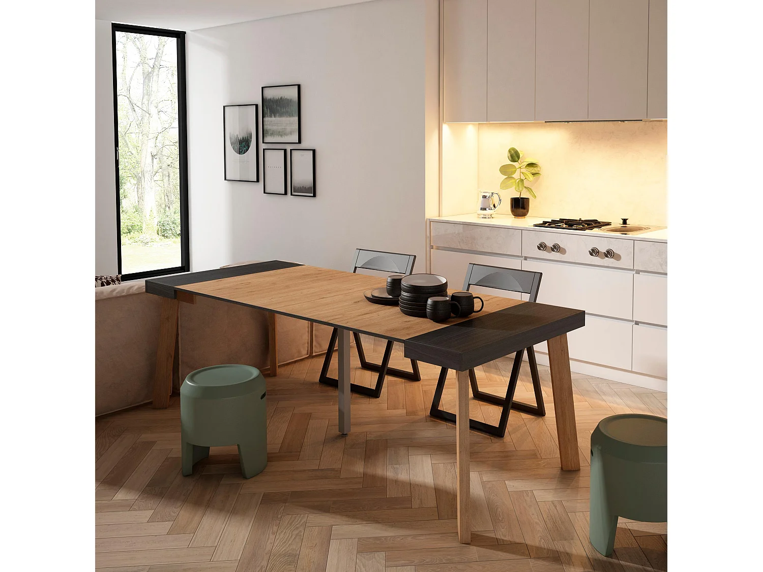 Mesa Consola extensible, 222x90x73cm, Para 10 comensales, Patas de madera, Negro y roble