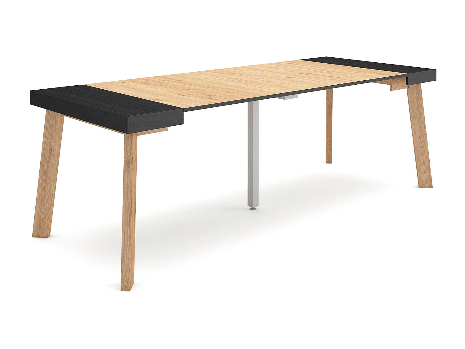 Mesa Consola extensible, 222x90x73cm, Para 10 comensales, Patas de madera, Negro y roble