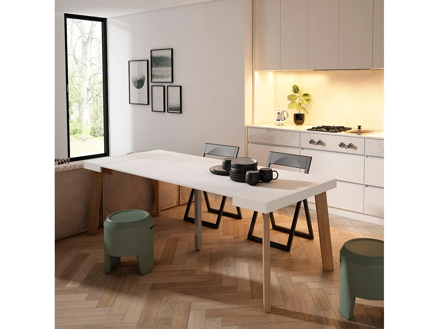 Table console extensible, 222x90x73cm, Pour 10 personnes, Pieds en bois, Blanc