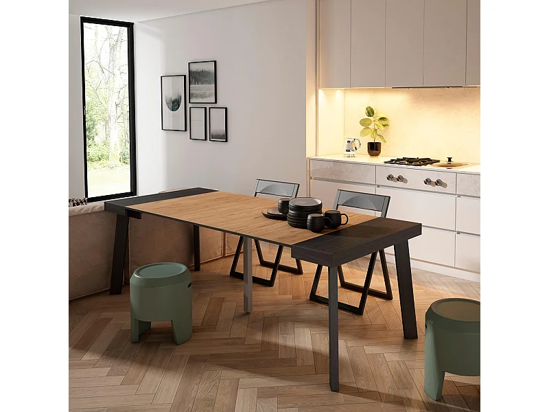 Table console extensible, 222x90x73cm, Pour 10 personnes, Pieds en bois, Noir et chêne