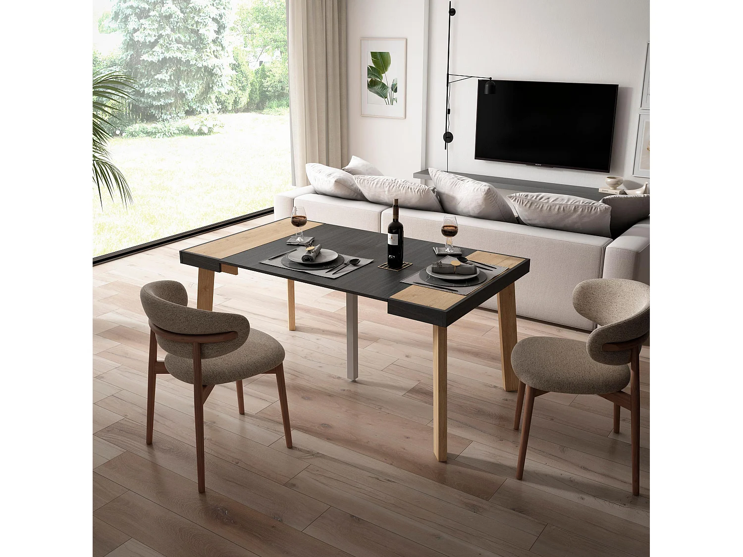 Table console extensible, 160x90x73cm, Pour 8 personnes, Pieds en bois, Chêne et noir