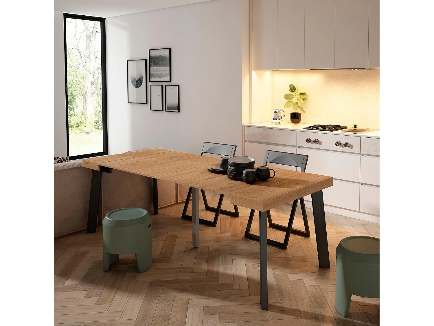 Table console extensible, 222x90x73cm, Pour 10 personnes, Pieds en bois, Chêne