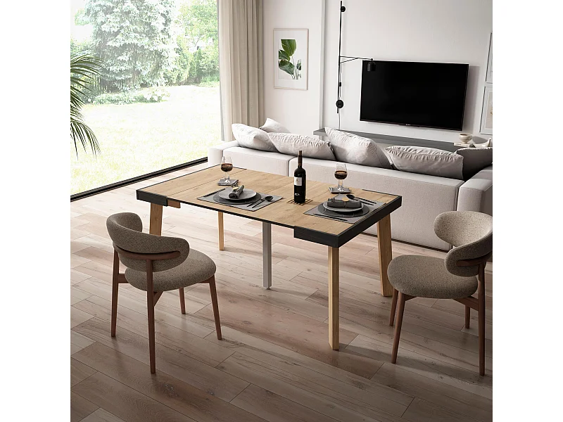 Ausziehbarertisch, 160x90x73cm, Für 8 Gäste, Hölzerne Beine, Eiche