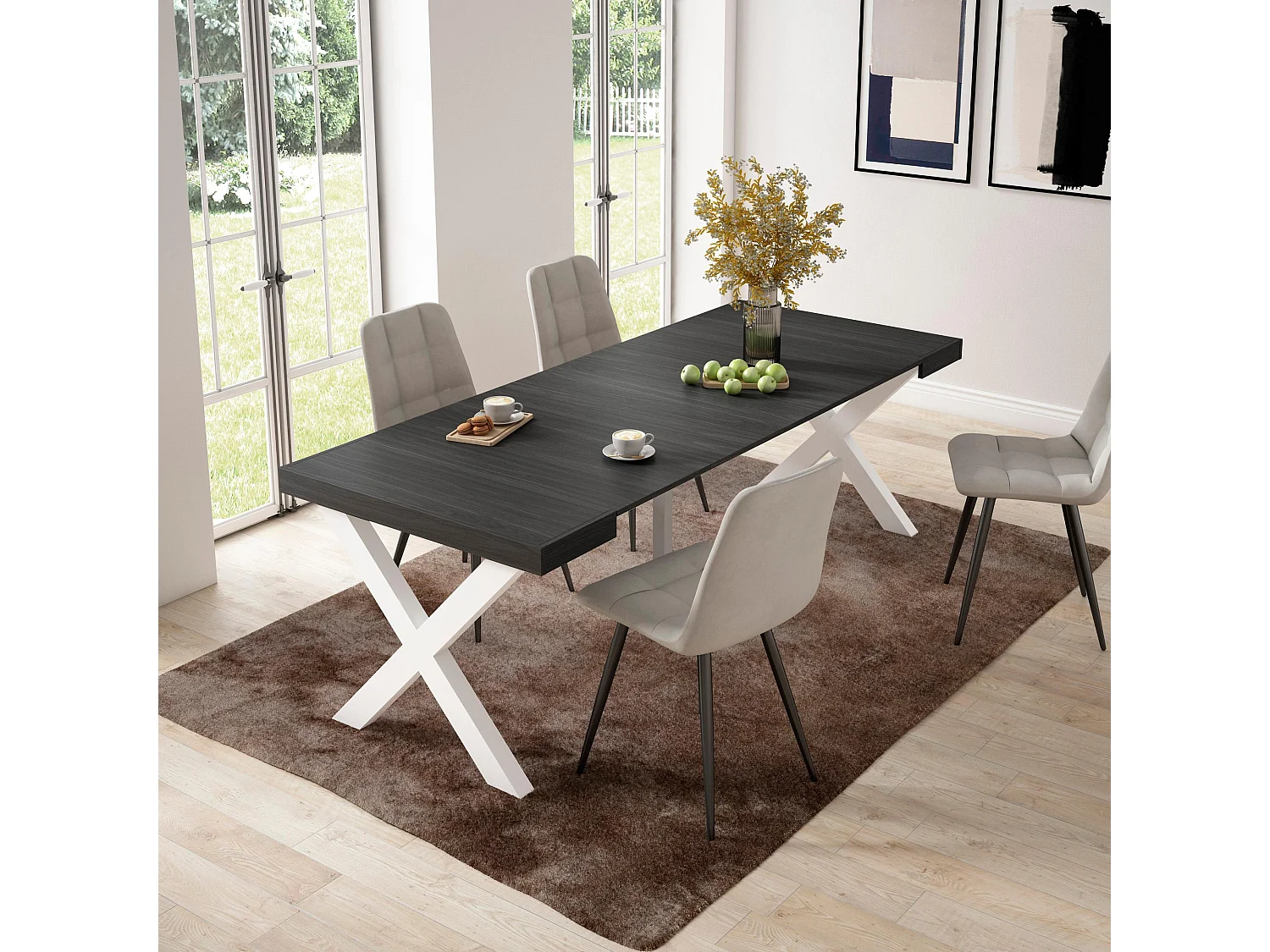 Table console extensible, 222x90x73cm, Pour 10 personnes, Pieds bois massif, Noir