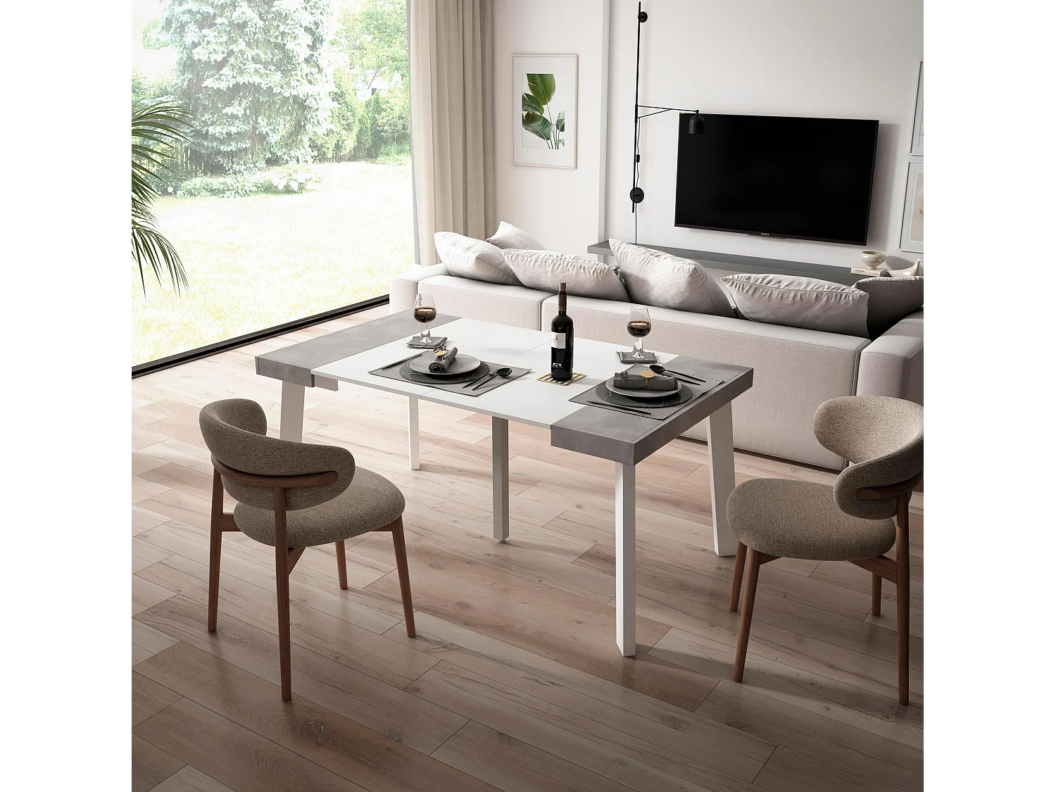 Uitschuifbare Consoletafel, 160x90x73cm, Voor 8 personen, Houten poten, Wit en Cement