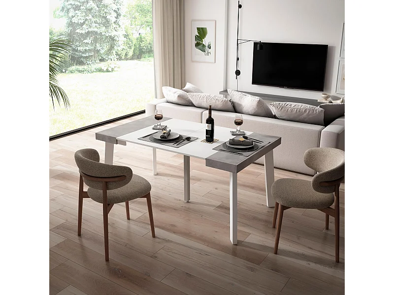 Uitschuifbare Consoletafel, 160x90x73cm, Voor 8 personen, Houten poten, Wit en Cement