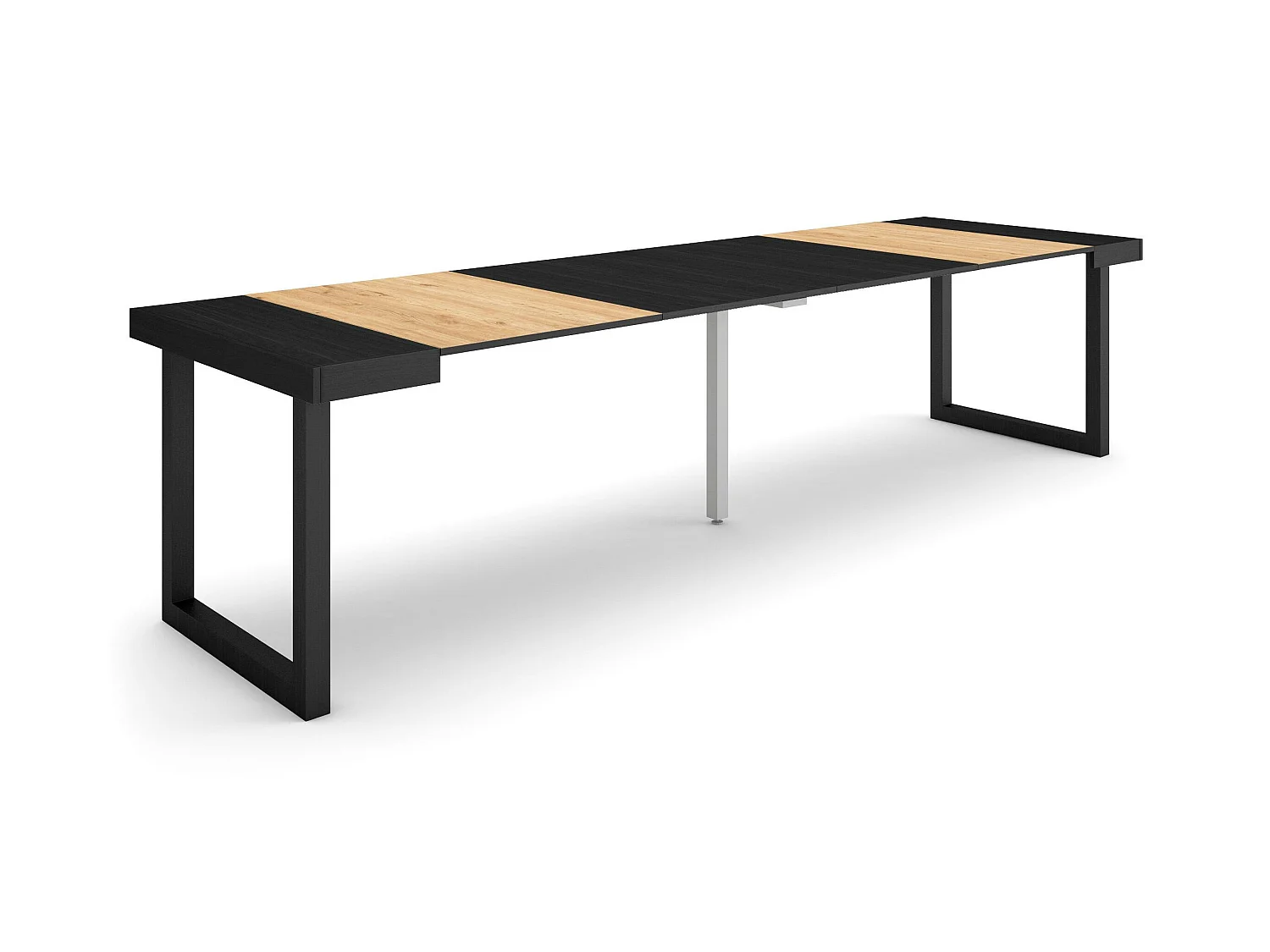 Table console extensible, 302x90x73cm, Pour 14 personnes, Pieds bois massif, Chêne et noir
