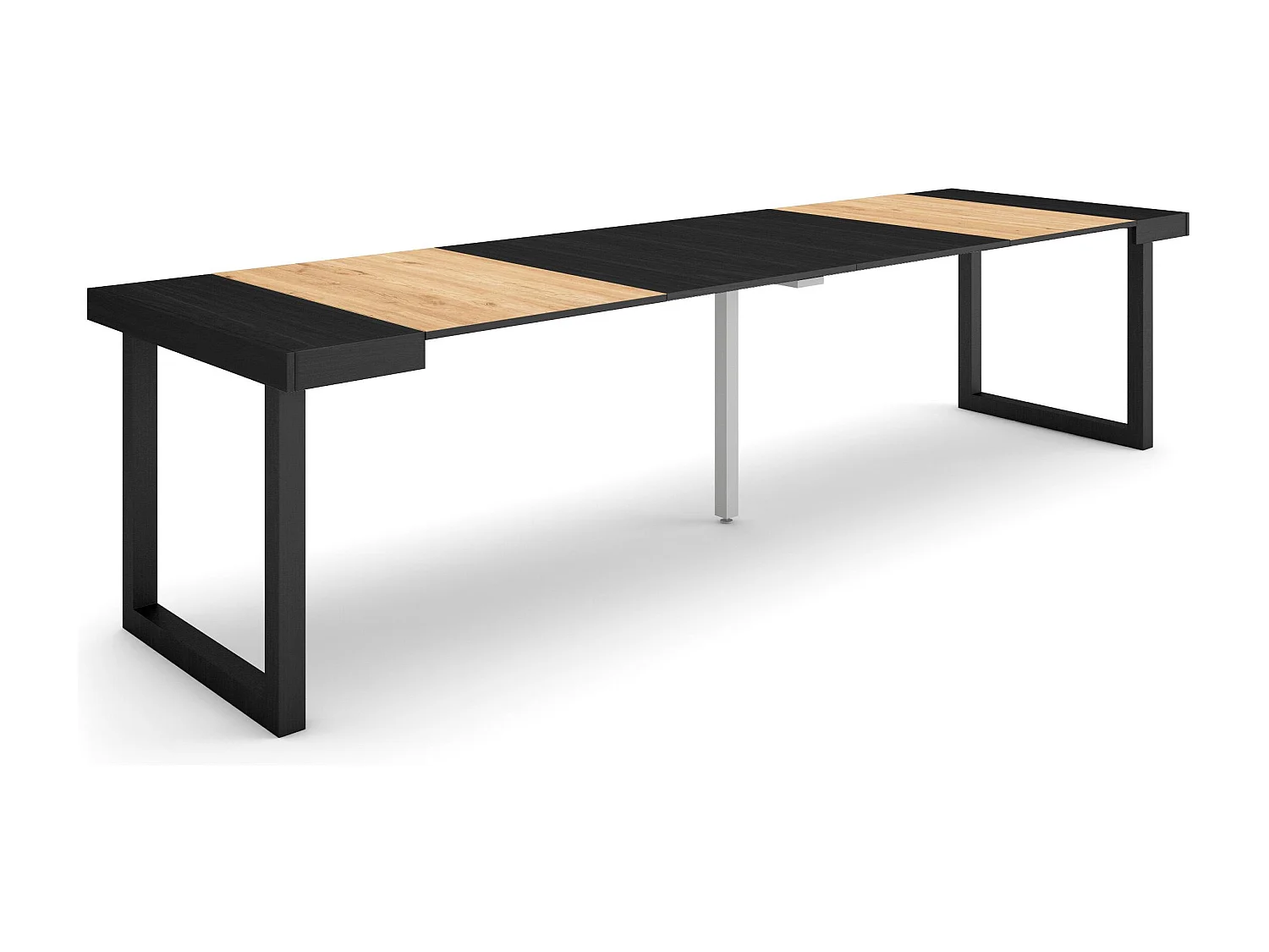 Table console extensible, 302x90x73cm, Pour 14 personnes, Pieds bois massif, Chêne et noir