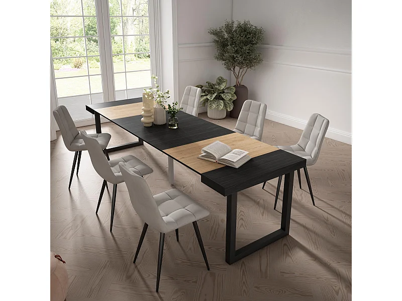 Uitschuifbare Consoletafel, 302x90x73cm, Voor 14 personen, Massief houten poten, Eiken/Zwart