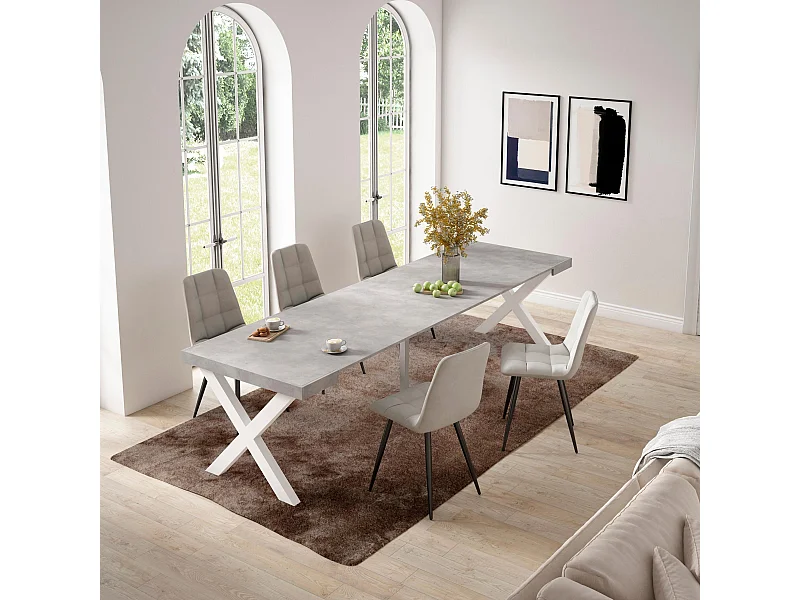 Mesa Consola extensible, 302x90x73cm, Para 14 comensales, Patas madera maciza, Cemento