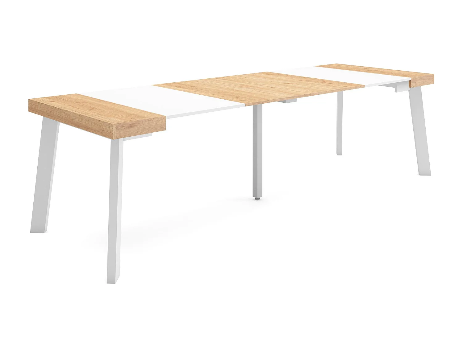 Table console extensible, 262x90x73cm, Pour 12 personnes, Pieds en bois, Chêne et blanc