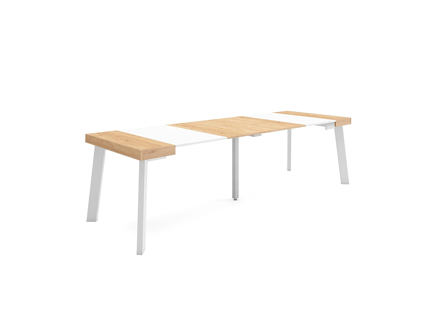 Table console extensible, 262x90x73cm, Pour 12 personnes, Pieds en bois, Chêne et blanc