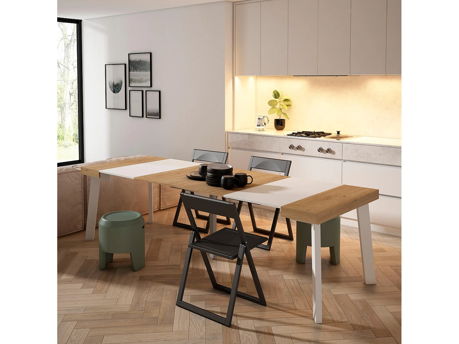 Table console extensible, 262x90x73cm, Pour 12 personnes, Pieds en bois, Chêne et blanc