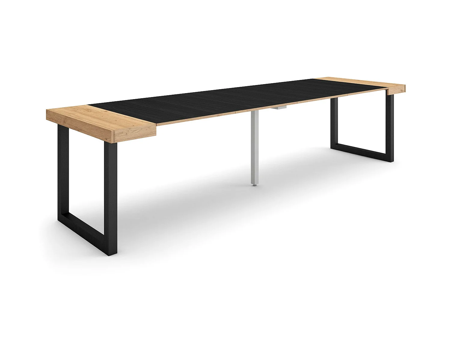 Table console extensible, 302x90x73cm, Pour 14 personnes, Pieds bois massif, Chêne et noir