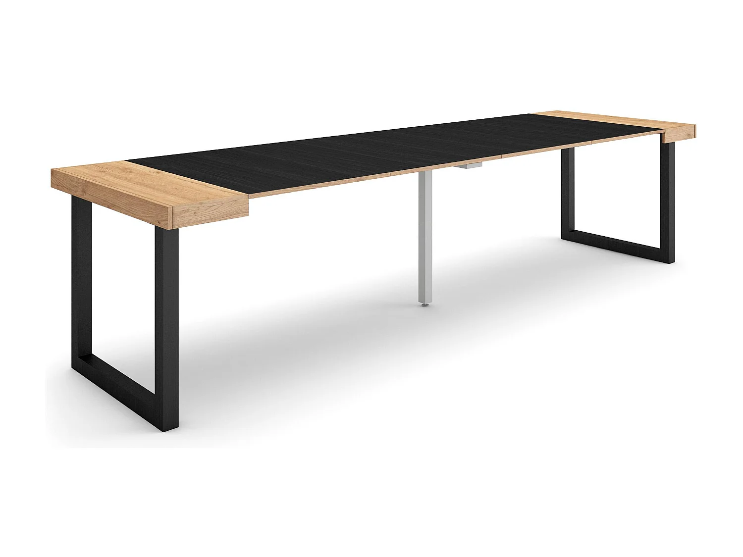 Table console extensible, 302x90x73cm, Pour 14 personnes, Pieds bois massif, Chêne et noir