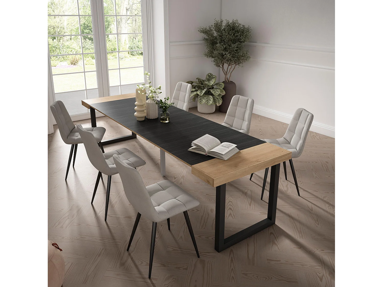 Mesa Consola Extensível, 302x90x73cm, Para 14 pessoas, Pés de madeira, Carvahlo e preto