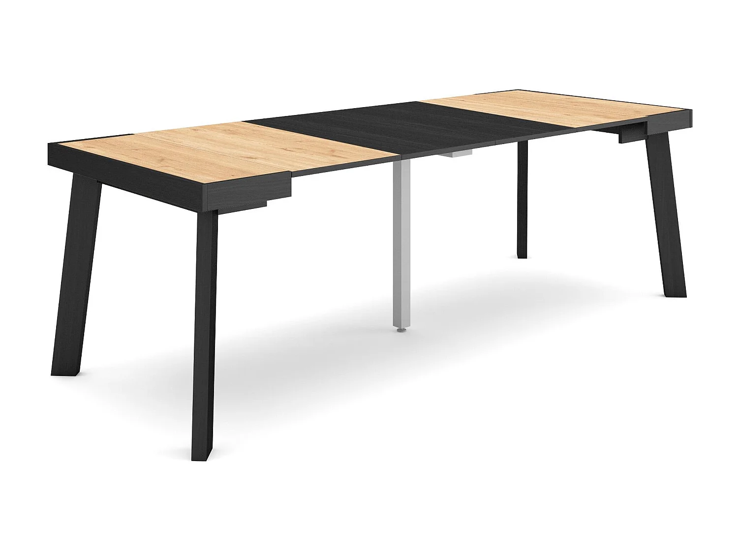 Table console extensible, 222x90x73cm, Pour 10 personnes, Pieds en bois, Chêne et noir