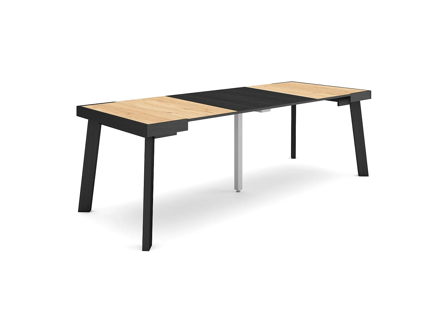 Table console extensible, 222x90x73cm, Pour 10 personnes, Pieds en bois, Chêne et noir