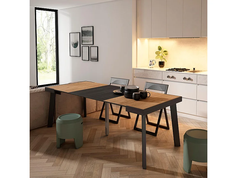 Uitschuifbare Consoletafel, 222x90x73cm, Voor 10 personen, Houten poten, Eiken/Zwart