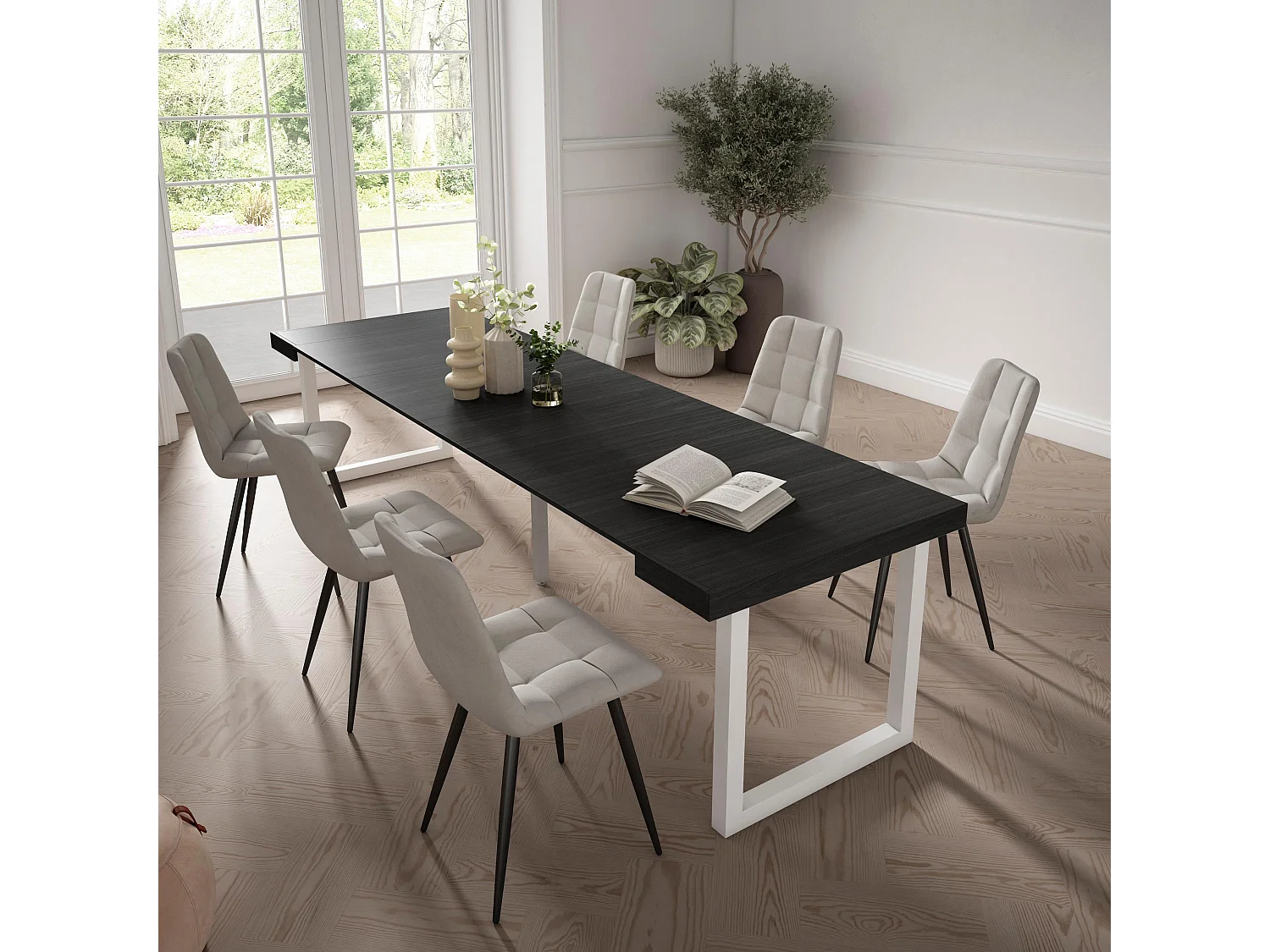 Table console extensible, 302x90x73cm, Pour 14 personnes, Pieds bois massif, Noir