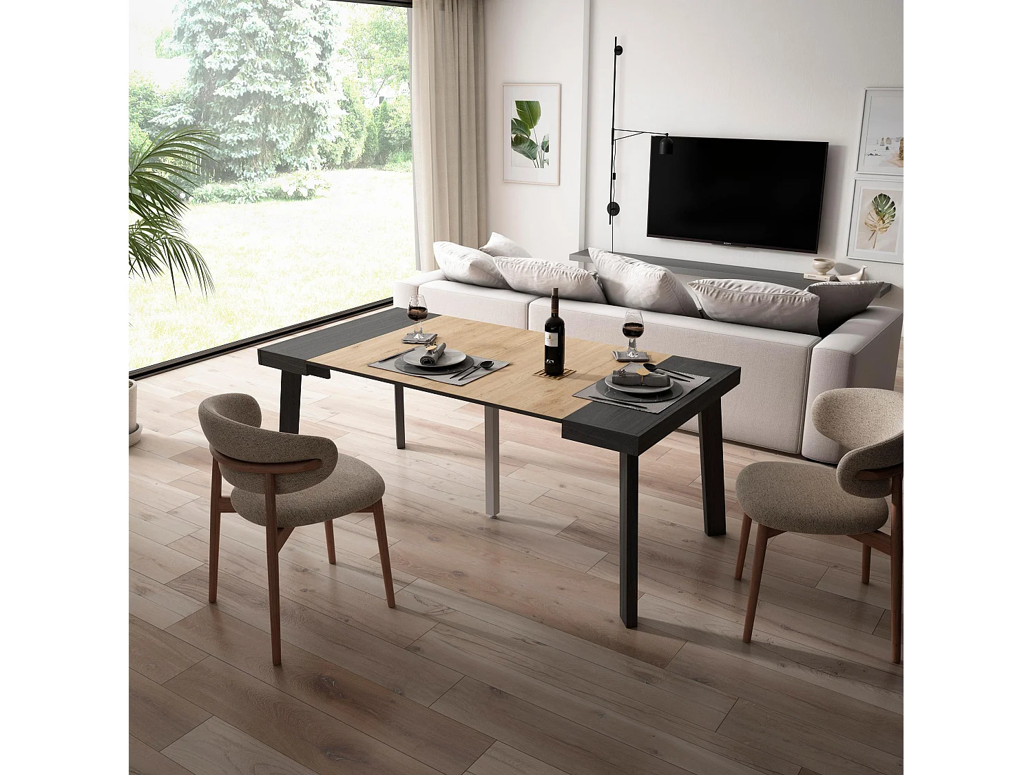 Mesa Consola Extensível, 180x90x73cm, Para 8 pessoas, Pés de madeira, Preto e carvahlo