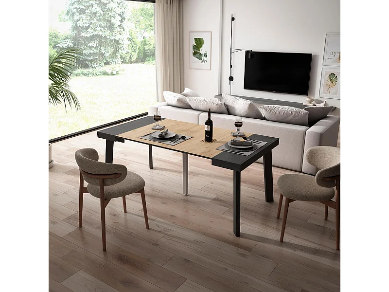 Table console extensible, 180x90x73cm, Pour 8 personnes, Pieds en bois, Noir et chêne