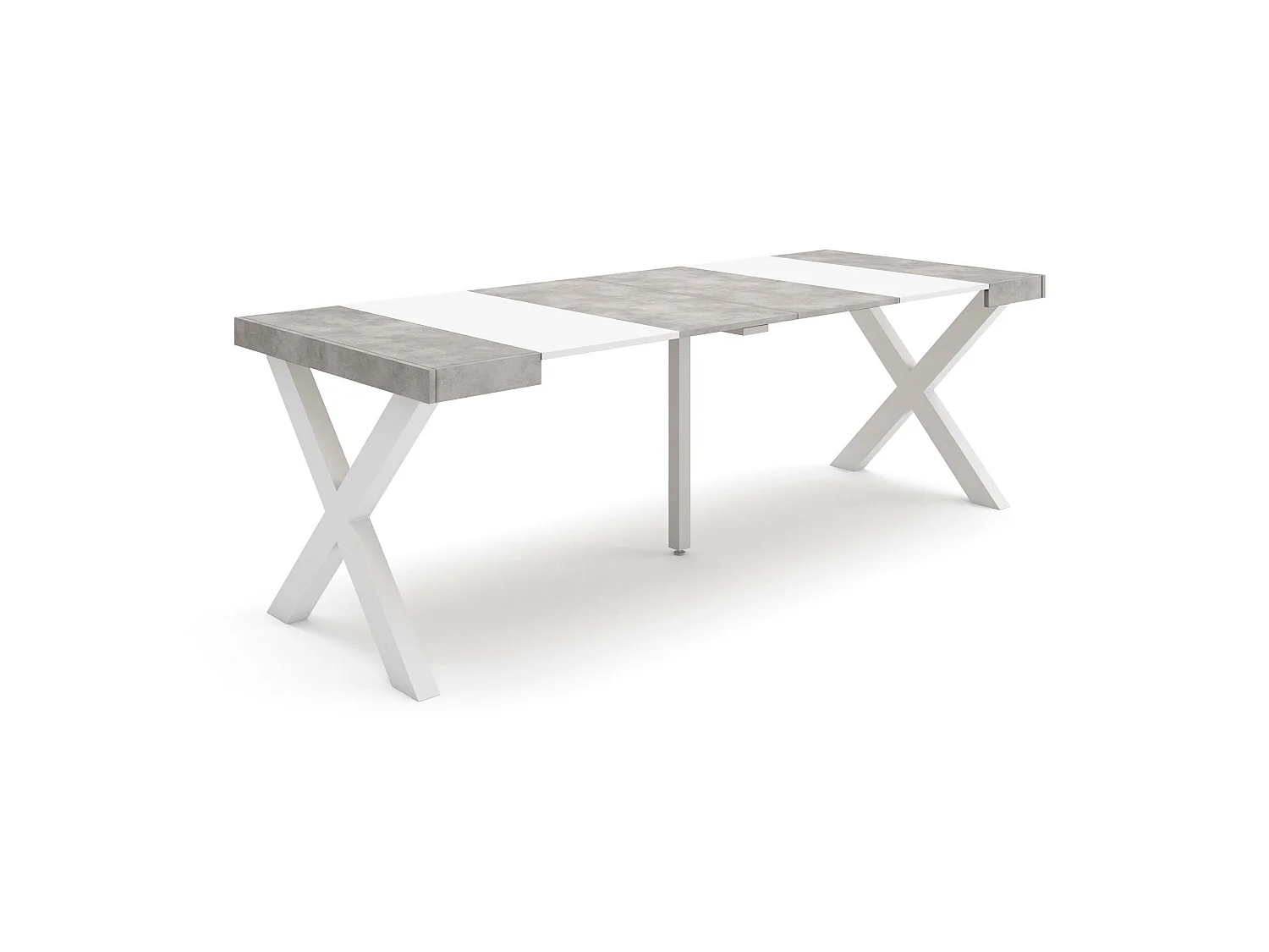 Table console extensible, 222x90x73cm, Pour 10 personnes, Pieds bois massif, Blanc et ciment