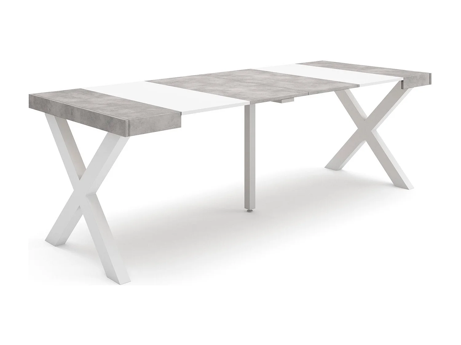 Consolle allungabile, 222x90x73cm, Per 10 persone, Gambe in legno, Bianco e cemento