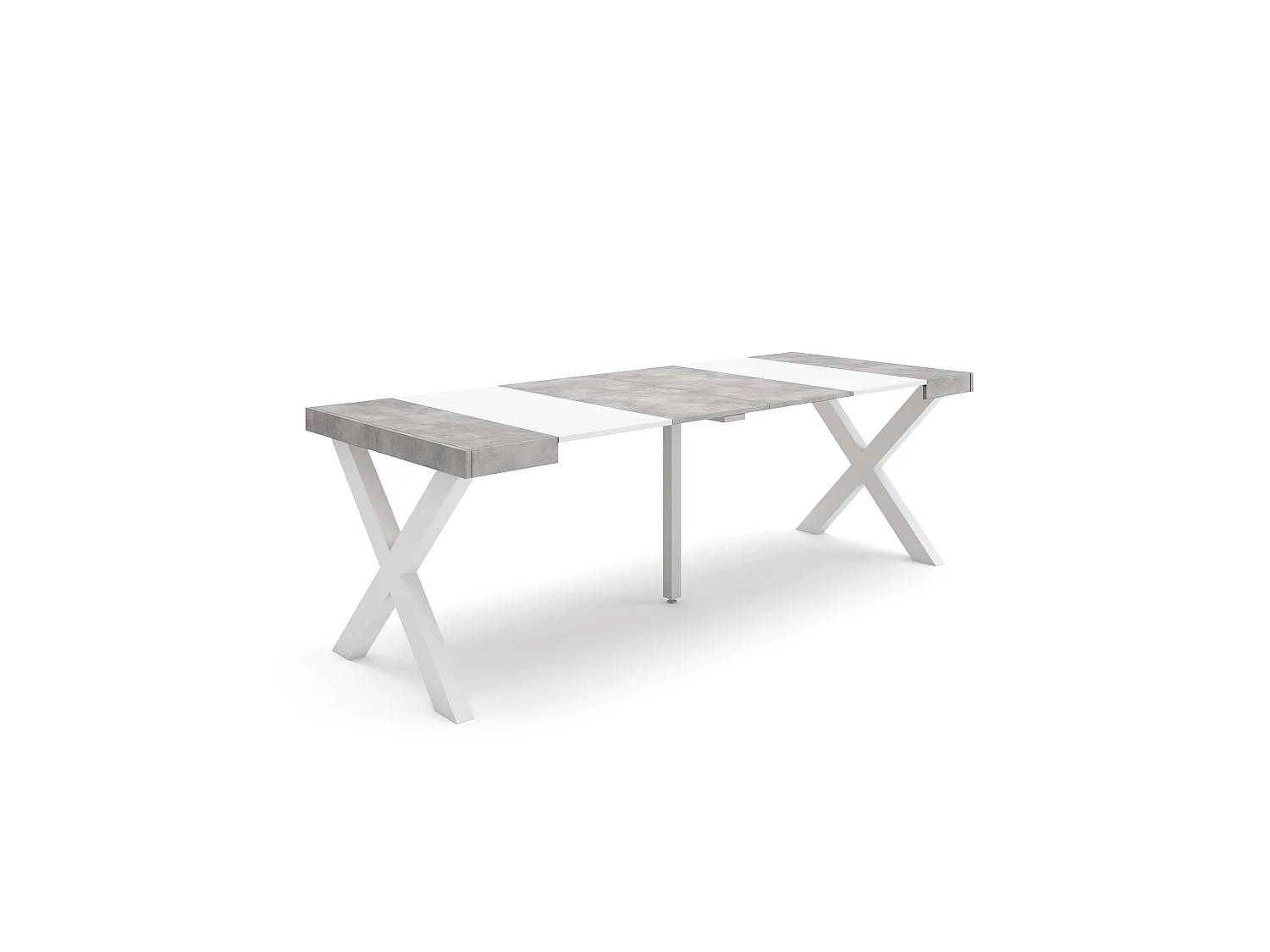 Table console extensible, 222x90x73cm, Pour 10 personnes, Pieds bois massif, Blanc et ciment