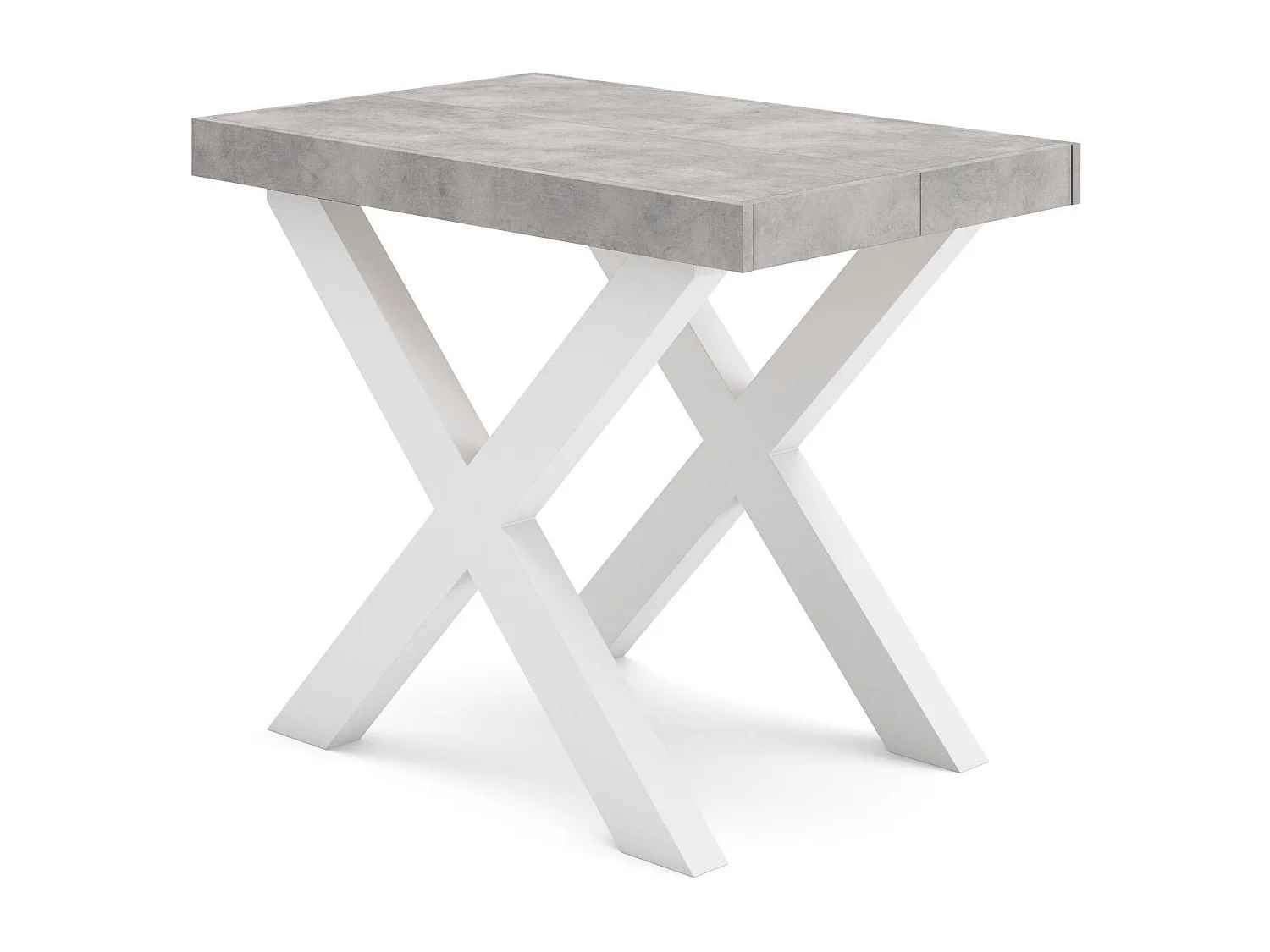 Table console extensible, 222x90x73cm, Pour 10 personnes, Pieds bois massif, Blanc et ciment