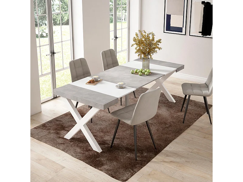 Table console extensible, 222x90x73cm, Pour 10 personnes, Pieds bois massif, Blanc et ciment