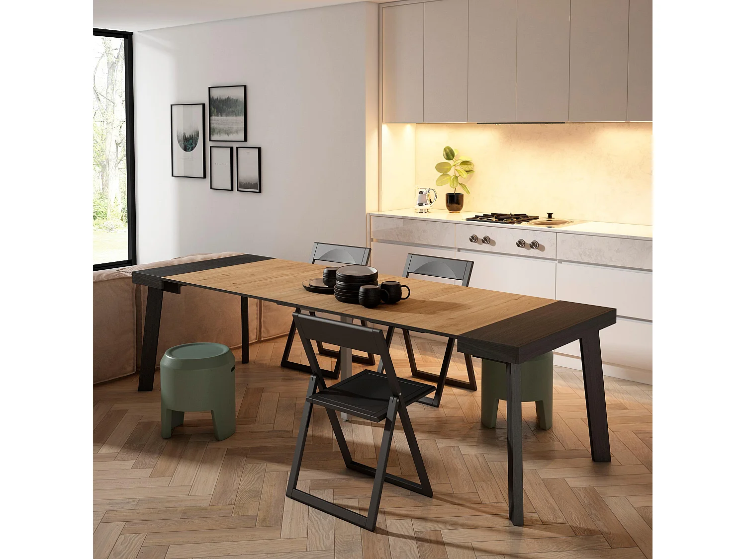 Uitschuifbare Consoletafel, 262x90x73cm, Voor 12 personen, Houten poten, Zwart/Eiken