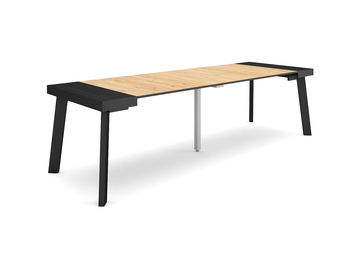 Table console extensible, 262x90x73cm, Pour 12 personnes, Pieds en bois, Noir et chêne