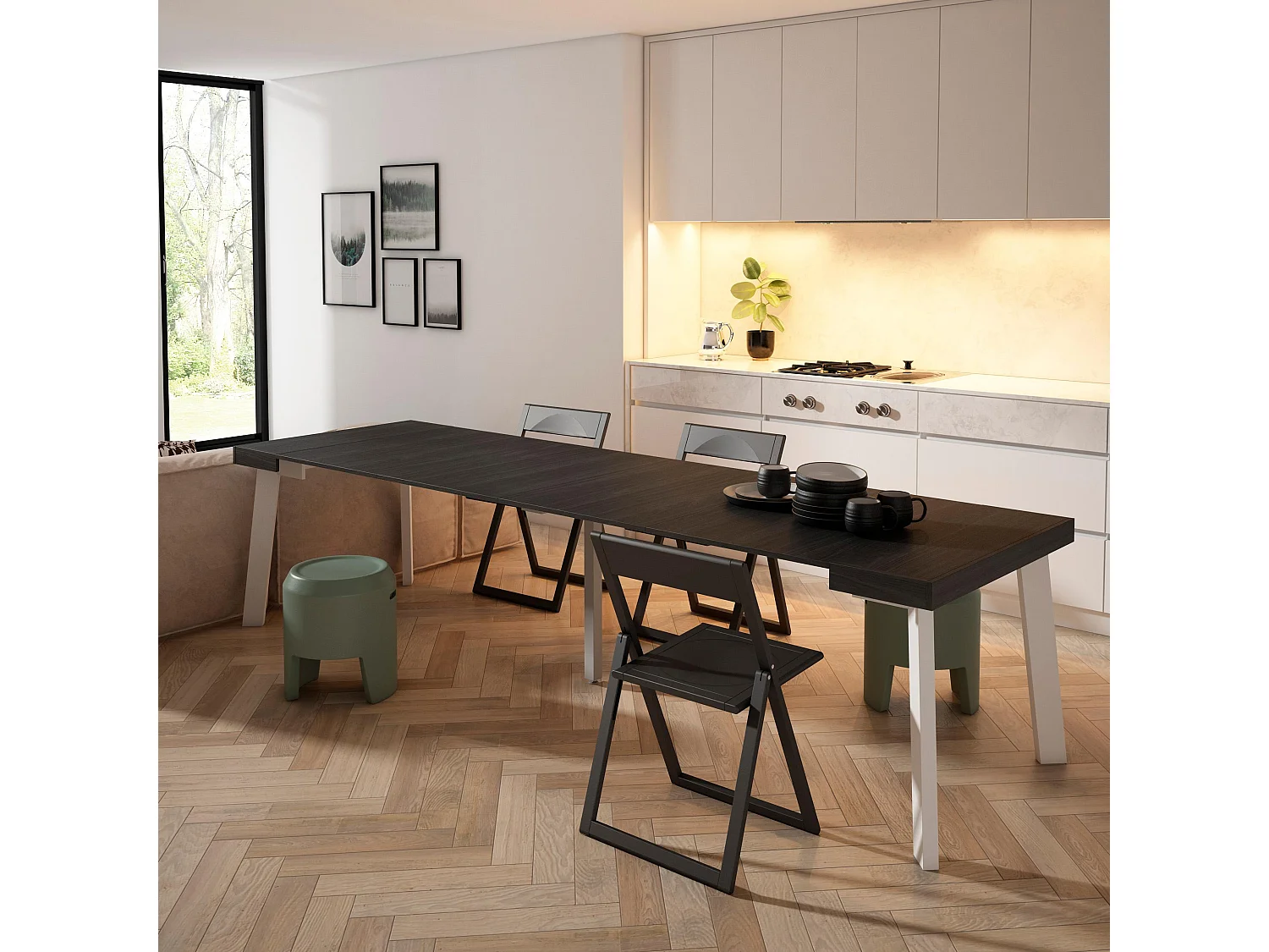 Table console extensible, 302x90x73cm, Pour 14 personnes, Pieds en bois, Noir