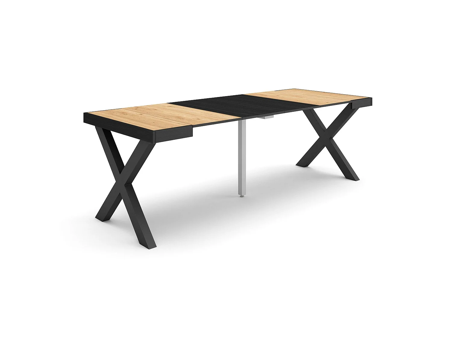 Table console extensible, 222x90x73cm, Pour 10 personnes, Pieds bois massif, Chêne et noir