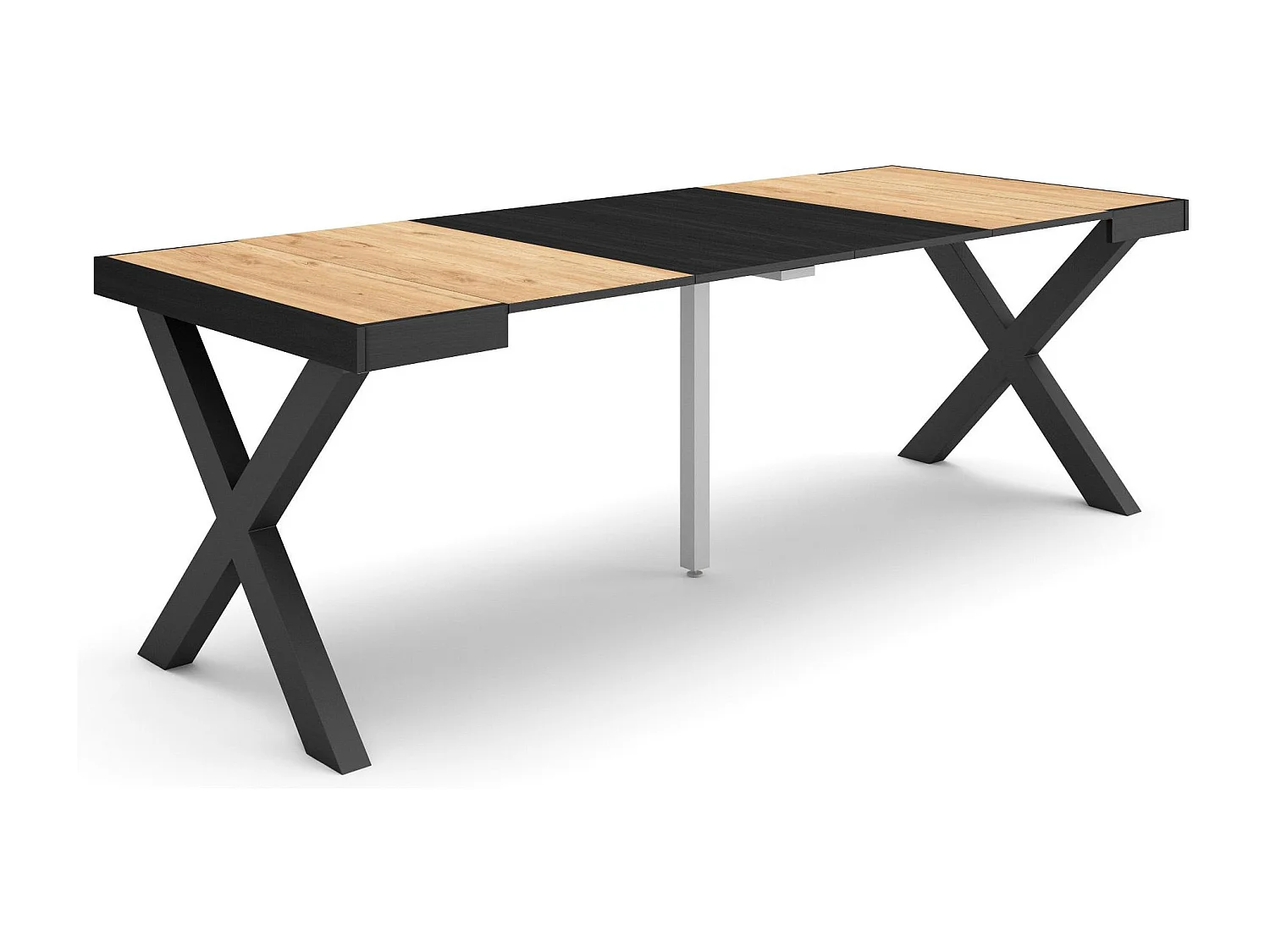 Uitschuifbare Consoletafel, 222x90x73cm, Voor 10 personen, Massief houten poten, Eiken/Zwart