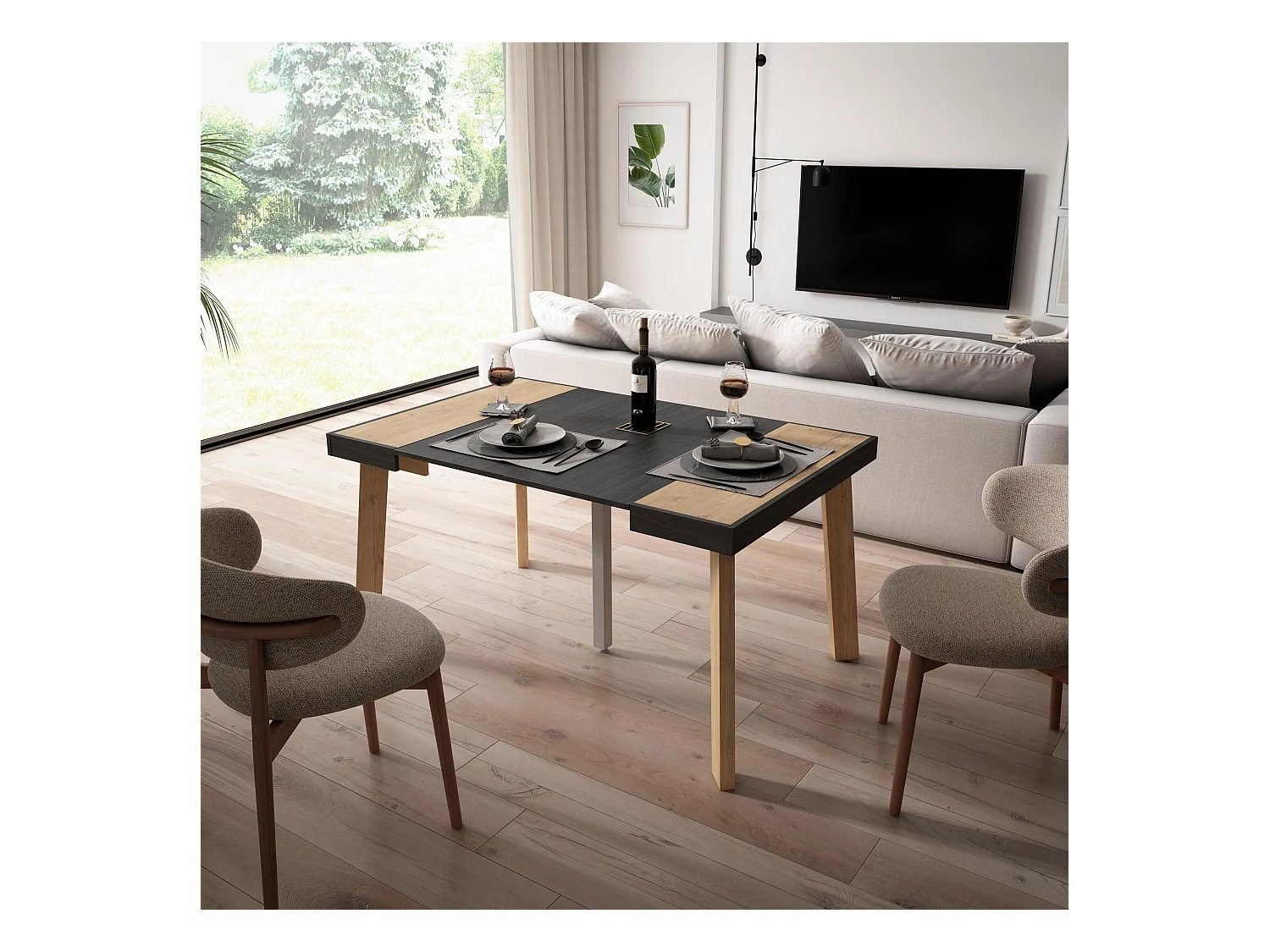 Uitschuifbare Consoletafel, 140x90x73cm, Voor 6 personen, Houten poten, Eiken/Zwart