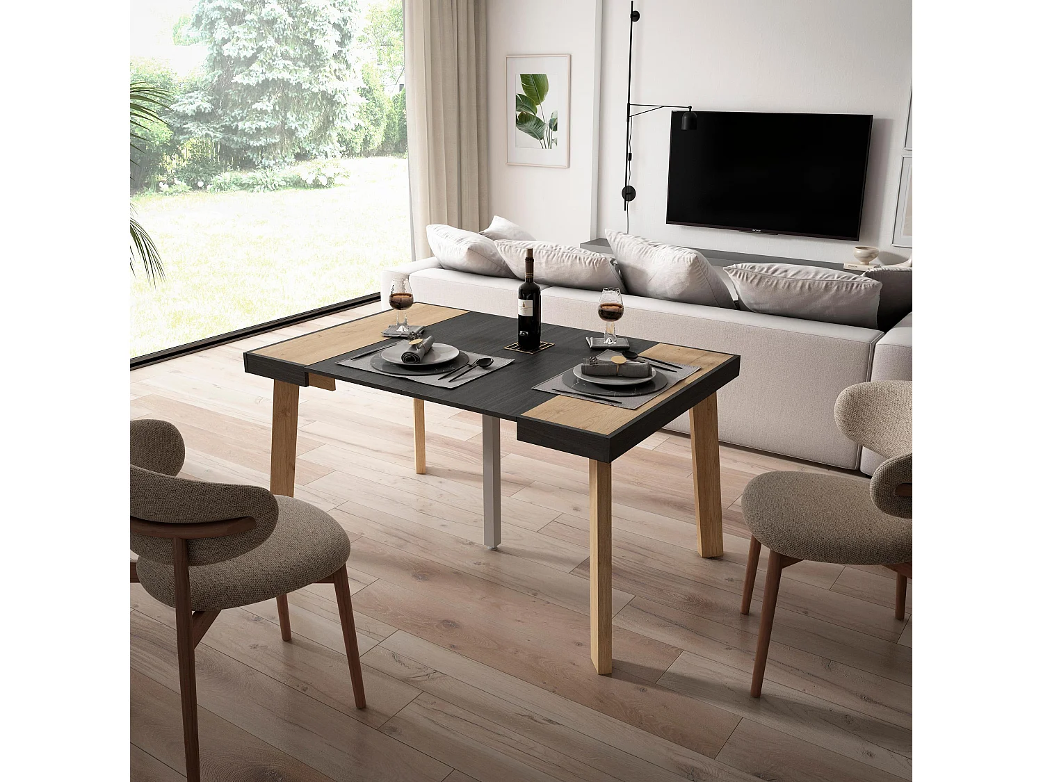 Table console extensible, 140x90x73cm, Pour 6 personnes, Pieds en bois, Chêne et noir