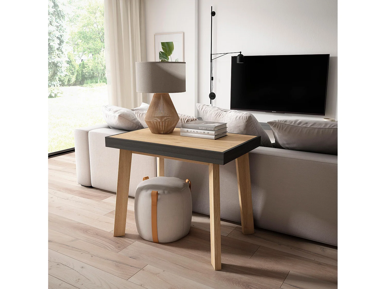 Table console extensible, 140x90x73cm, Pour 6 personnes, Pieds en bois, Chêne et noir