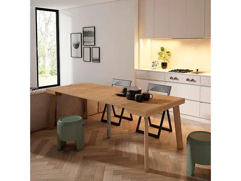 Table console extensible, 222x90x73cm, Pour 10 personnes, Pieds en bois, Chêne