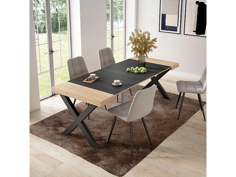 Ausziehbarertisch, 222x90x73cm, Für 10 Gäste, Massivholz Beine, Eiche Schwarz